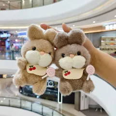 Móc khóa thỏ cầm kẹo mút yếm cherry 13cm, thú bông thỏ dễ thương, móc treo balo túi xách