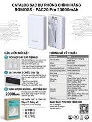 Sạc Dự Phòng ROMOSS PAC20 Pro 20000mAh - Sạc Nhanh 30W, Tích Hợp 2 Dây Cáp Giao random trắng- xanh (P133958)