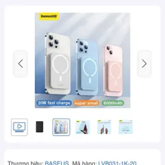 Sạc Magsafe Baseus Magnetic 6000mAh 20w, kèm dây C-C 60w, siêu mỏng nhẹ, tặng sticker (P131799)