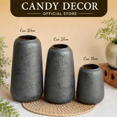 Bộ 3 lọ hoa dáng đu đủ MEN ĐEN NHÁM, bình hoa decor gốm Bát Tràng có 3 size 18,27,30cm phù hợp các loại hoa
