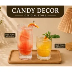 Ly thuỷ tinh/ Cốc thuỷ tinh 2 tầng sọc dọc hãng Deli cao câp chịu nhiệt có 3 size decor quán cà phê đẹp