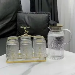 Bộ bình 1,5L và 6 ly thuỷ tinh hoạ tiết mặt trời cao cấp phong cách châu Âu chịu nhiệt tốt