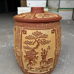 Hũ gạo [10-20kg] - Hũ gạo phong thủy điêu khắc chữ Phú - Quý - Trường - Xuân Bát Tràng cao cấp, mang lại vượng khí tốt