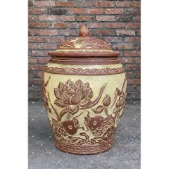 Hũ gạo [10-20kg]- Chĩnh đựng gạo hoạ tiết sen cá cổ Tài Lộc, Hũ đựng gạo, Chum gạo tài lộc phong thuỷ tài lộc