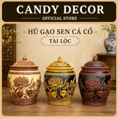Hũ gạo [10-20kg]- Chĩnh đựng gạo hoạ tiết sen cá cổ Tài Lộc, Hũ đựng gạo, Chum gạo tài lộc phong thuỷ tài lộc