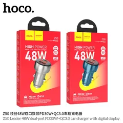 Tẩu Sạc Ô Tô Hoco Z50 Sạc Nhanh 48W 2 Cổng Type C USB Màn Hình LED Điện Áp Cao Cấp (P131373)