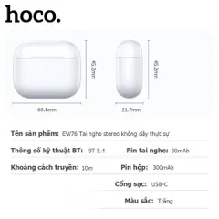 Tai nghe không dây Hoco EW76, Bluetooth 5.4, kết nối nhanh, ổn định , sử dụng liên tục 4h (P130433)