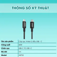 Cáp sạc Type c to typec c 60W dây sạc nhanh Anker cho iP 15 trở lên,androi chân TyC  [ko hôp] (P129762)