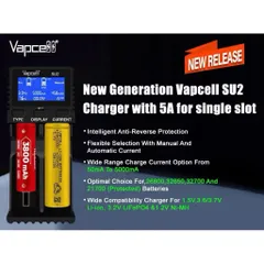 Sạc đôi Vapcell SU2 cao cấp , sạc nhanh 5A , dùng cho pin 21700, 26650 , 18650 , có thể sạc ngược cho điện thoại.