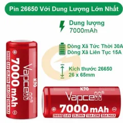 Pin 26650 Vapcell K70 , dung lượng 7000mah siêu khủng , dùng cho đèn pin , và các thiết bị sử dụng pin 26650
