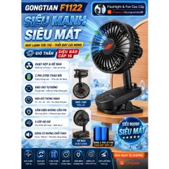 Quạt Kẹp để bàn Gongtian F1122 , 2 pin 21700 siêu trâu , công suất 7w , đảo gió tự động , hẹn giờ , động cơ không chổi
