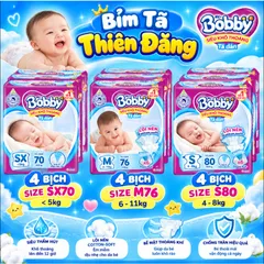 Giá sốc [ COMBO 4 BỊCH ] Tã Dán Bobby Chính Hãng SX70 S80 M76 – Mềm Mại, Thấm Hút Tốt, Khô Thoáng Cho Bé