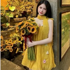 [tặng dây hoa] váy hai dây cột nơ dáng bí vàng chất liệu tơ mềm không dăm ngứa phối hoa nhiều màu sắc Hyday.khosi