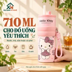 Bình giữ nhiệt 710ml Gia Dụng Xứ Nghệ inox 304 hoạ tiết dễ thương có quai xách tiện lợi