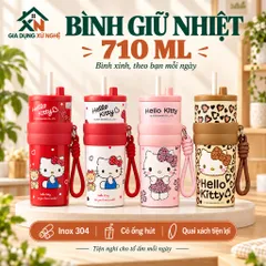 Bình giữ nhiệt 710ml Gia Dụng Xứ Nghệ inox 304 hoạ tiết dễ thương có quai xách tiện lợi