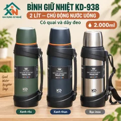 Bình Nước Giữ Nhiệt Gia Dụng Xứ Nghệ KD-938 Inox 304 Dung Tích 2L Quai Xách Tiện Lợi