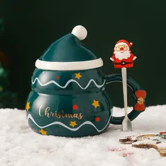Cốc ly sứ hộp qùa  Merry Christmas nắp sứ hình mũ kèm thìa dung tích 480ml đựng trà,sữa, nước, cafe, quà tặng-Cốc Cốc 850547