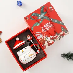 Cốc ly sứ hộp qùa  Merry Christmas nắp sứ hình mũ kèm thìa dung tích 480ml đựng trà,sữa, nước, cafe, quà tặng-Cốc Cốc 850547