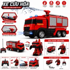 Xe cứu hoả điều khiển biến hình robot , xoay 360 có phun nước , đèn nhạc ,pin sạc,nhựa abs