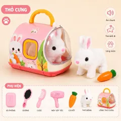 THỎ CƯNG ĐIỆN TỬ KÈM XE ĐỰNG – PHÁT ÂM THANH, BIẾT ĐI, NHIỀU PHỤ KIỆN