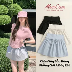 Chân Váy Bầu Chữ A Dáng Bồng - Kaki Gió Lụa - Có Quần Bảo Hộ Đáp Bụng Dây Rút Freesize