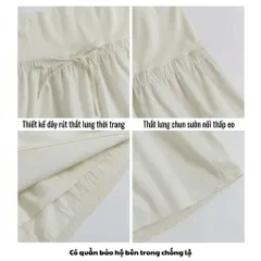 Chân Váy Bầu Chữ A Dáng Bồng - Kaki Gió Lụa - Có Quần Bảo Hộ Đáp Bụng Dây Rút Freesize