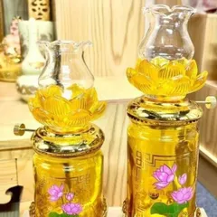 Đèn Dầu Thuỷ Tinh Hoa Văn Hình Sen  hồng màu vàng ,Chữ Phật 2 Màu Vàng 852314
