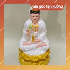 Tượng Quan Âm Màu Trắng Vẽ Đế Sen Vàng Ngồi 30cm composite 852826