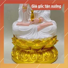 Tượng Quan Âm Màu Trắng Vẽ Đế Sen Vàng Ngồi 30cm composite 852826