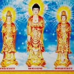 Tranh Tây Phương Tam Thánh-Tiếp dẫn nẹp gỗ khổ 40cm x 60cm cực đẹp