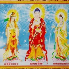 Tranh Tây Phương Tam Thánh-Tiếp dẫn nẹp gỗ khổ 40cm x 60cm cực đẹp