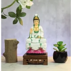 Tặng kinh Phổ Môn, Tượng Mẹ Quan Âm 18cm Bồ Tát Mặc Áo Trắng Ngồi Đài Sen Hồng