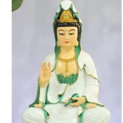 Tặng kinh Phổ Môn, Tượng Mẹ Quan Âm 18cm Bồ Tát Mặc Áo Trắng Ngồi Đài Sen Hồng
