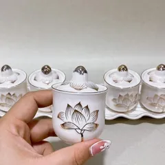 Bộ án 5 ly nước thờ cúng có nắp - Sứ Bạch Ngọc Sen Nổi cực đẹp