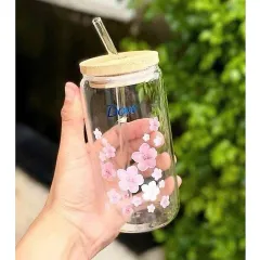 2 Ly thuỷ tinh nắp tre có ống hút