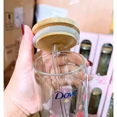 2 Ly thuỷ tinh nắp tre có ống hút