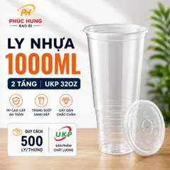 Ly Nhựa 1000ml 2 Tầng 32oz Trong Suốt, Ly Trà Sữa Trà Trái Cây Cà Phê Có Nắp