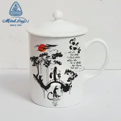Ly cốc sứ có nắp in chữ thư pháp Cha Mẹ gốm sứ cao cấp Minh Long, quà tặng Vu Lan