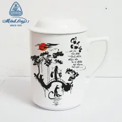 Ly cốc sứ có nắp in chữ thư pháp Cha Mẹ gốm sứ cao cấp Minh Long, quà tặng Vu Lan