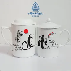 Ly cốc sứ có nắp in chữ thư pháp Cha Mẹ gốm sứ cao cấp Minh Long, quà tặng Vu Lan