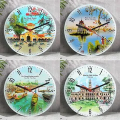 Đồng hồ decor để bàn hoặc treo tường bẳng thủy tinh tròn 20cm in tranh vẽ thắng cảnh quê hương Việt Nam