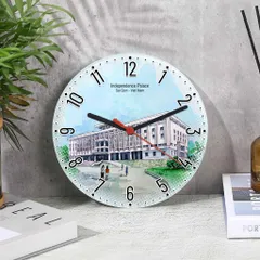 Đồng hồ decor để bàn hoặc treo tường bẳng thủy tinh tròn 20cm in tranh vẽ thắng cảnh quê hương Việt Nam