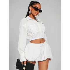 (Sale) Set bộ áo sơmi croptop,quần váy nữ chất linen hãng She In