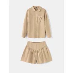 (Chính Hãng) Set bộ áo sơ mi,quần giả váy nữ du lịch,đi biển nữ chất linen hãng Ontre She In