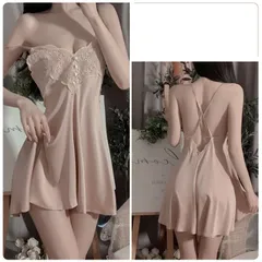Váy Ngủ Lụa Sexy Phối Ren Hoa Đầm Thức 2 Dây Chéo Lưng Tặng Chip - N136 Hồng Nude