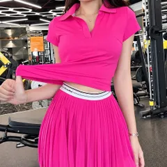 Bộ đồ thể thao nữ áo polo cổ bẻ tay ngắn chân váy xếp ly dáng xòe vải poly co giãn thoáng mát