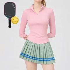 Set thể thao nữ Pickleball thun lạnh áo dài tay ôm dáng cổ khóa chân váy xếp ly viền sọc
