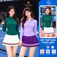 Set thể thao nữ Pickleball thun lạnh áo dài tay ôm dáng cổ khóa chân váy xếp ly viền sọc