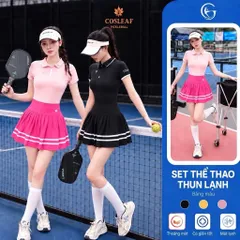 Set thể thao nữ COSLEAF Pickleball áo polo cổ bẻ váy xếp ly thun lạnh co giãn thoáng mát 3 màu