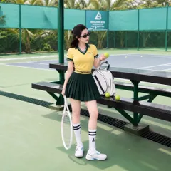 Set thể thao nữ thun lạnh áo cổ V phối chân váy xếp ly, co giãn thoáng mát chơi tennis
